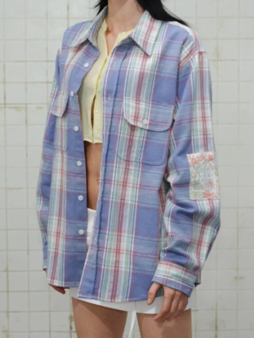 Blue Patchwork Plaid Flannel Shirt